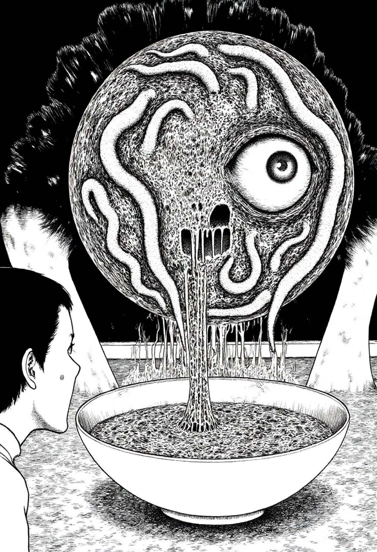 A scared woman looking down into a bowl of soup that is looking back at her with a giant eye and tentacles in monochrome j...