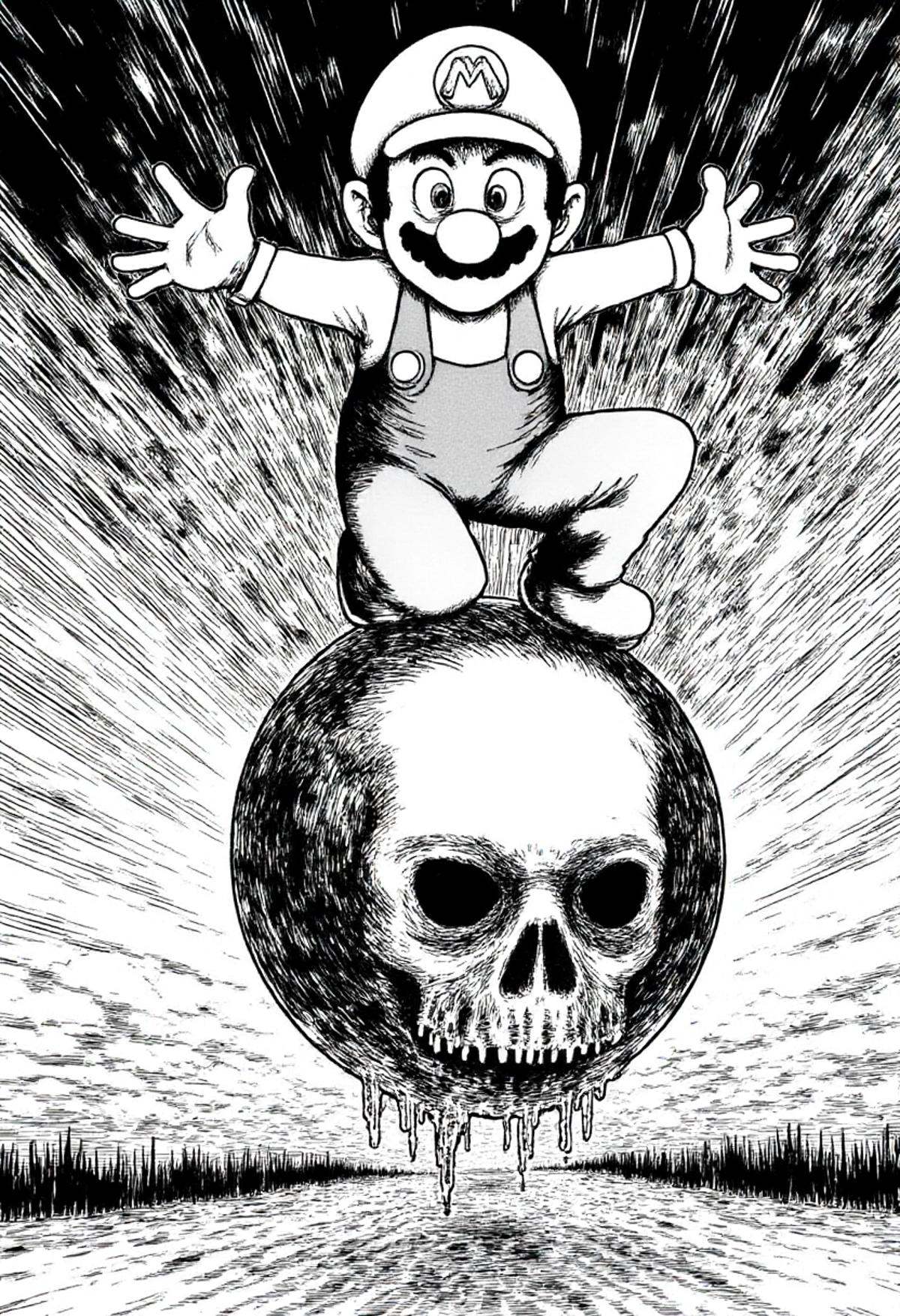 super mario jumping on a goomba in monochrome jitostyle. on Tensor.Art