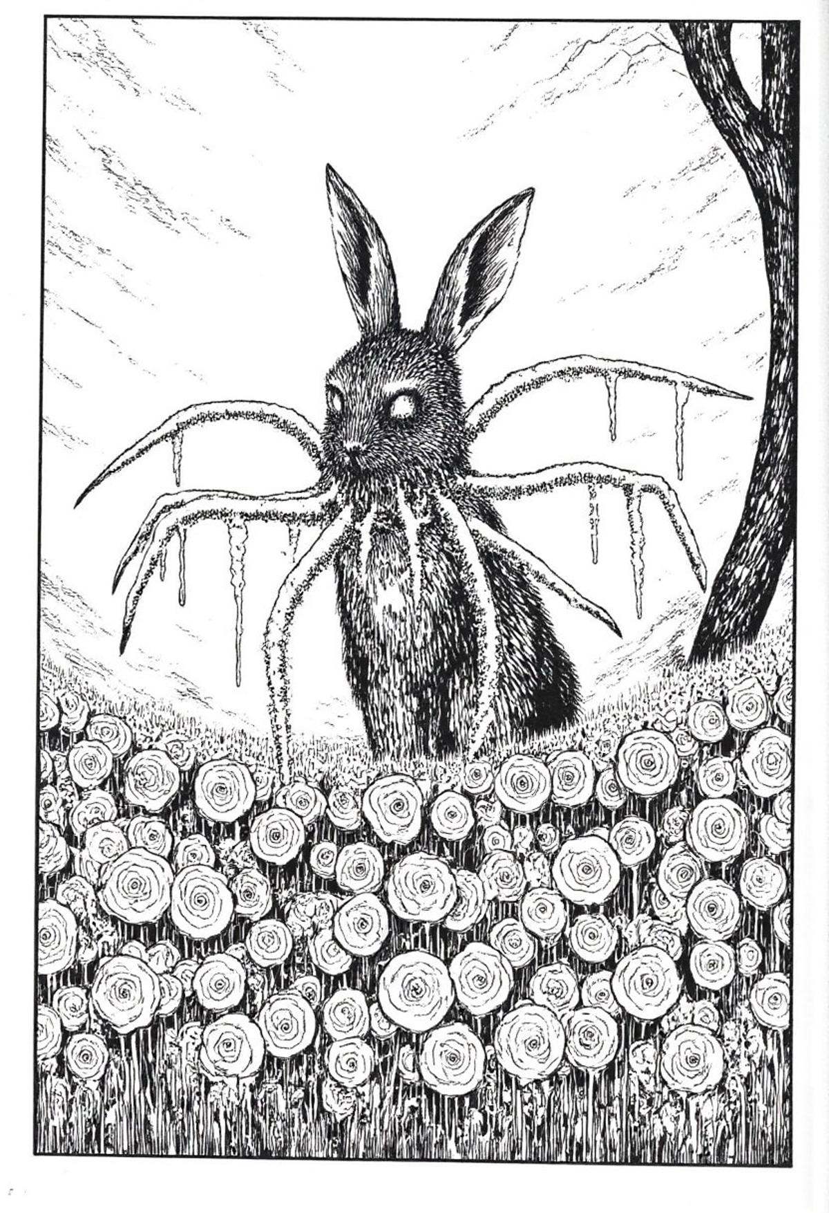 A tentacle bunny eating flowers in monochrome jitostyle. on Tensor.Art