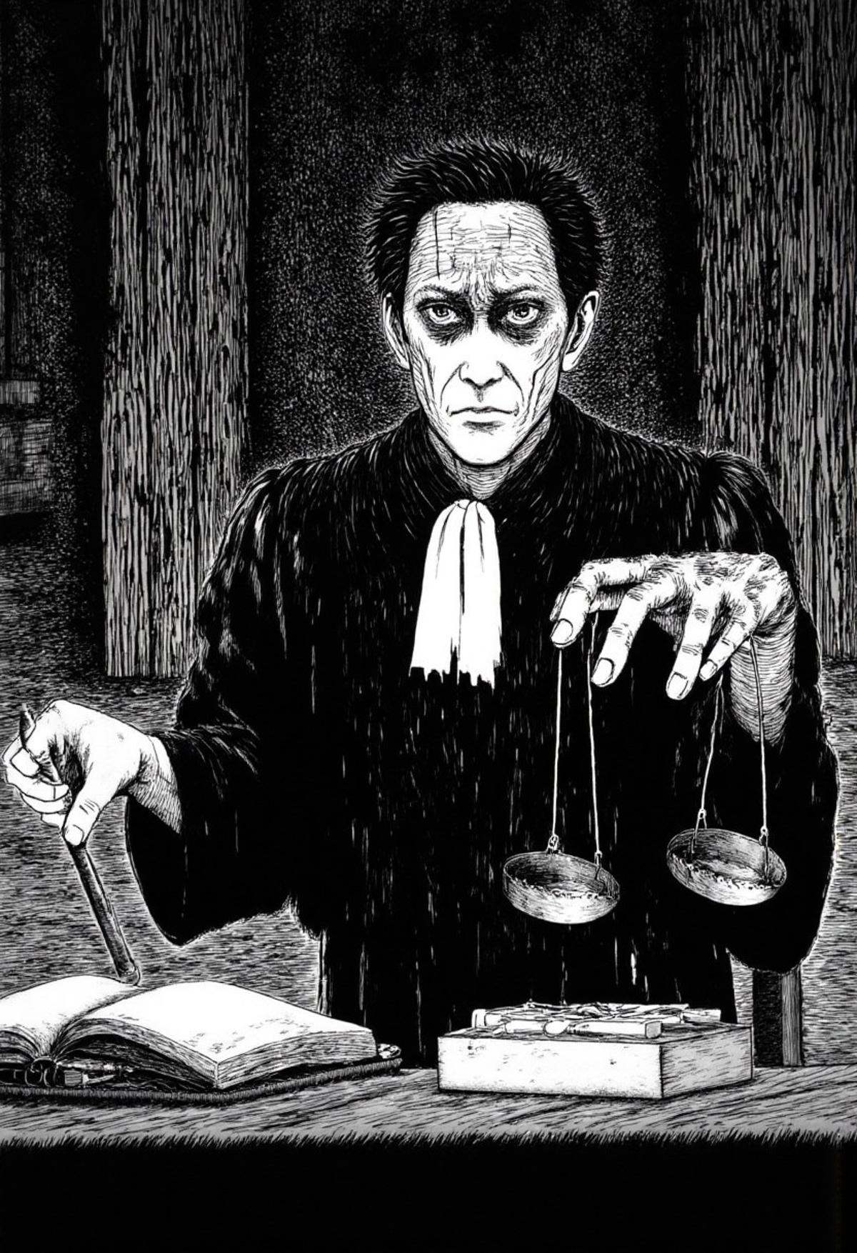 A judge wielding his gavel in monochrome jitostyle. on Tensor.Art