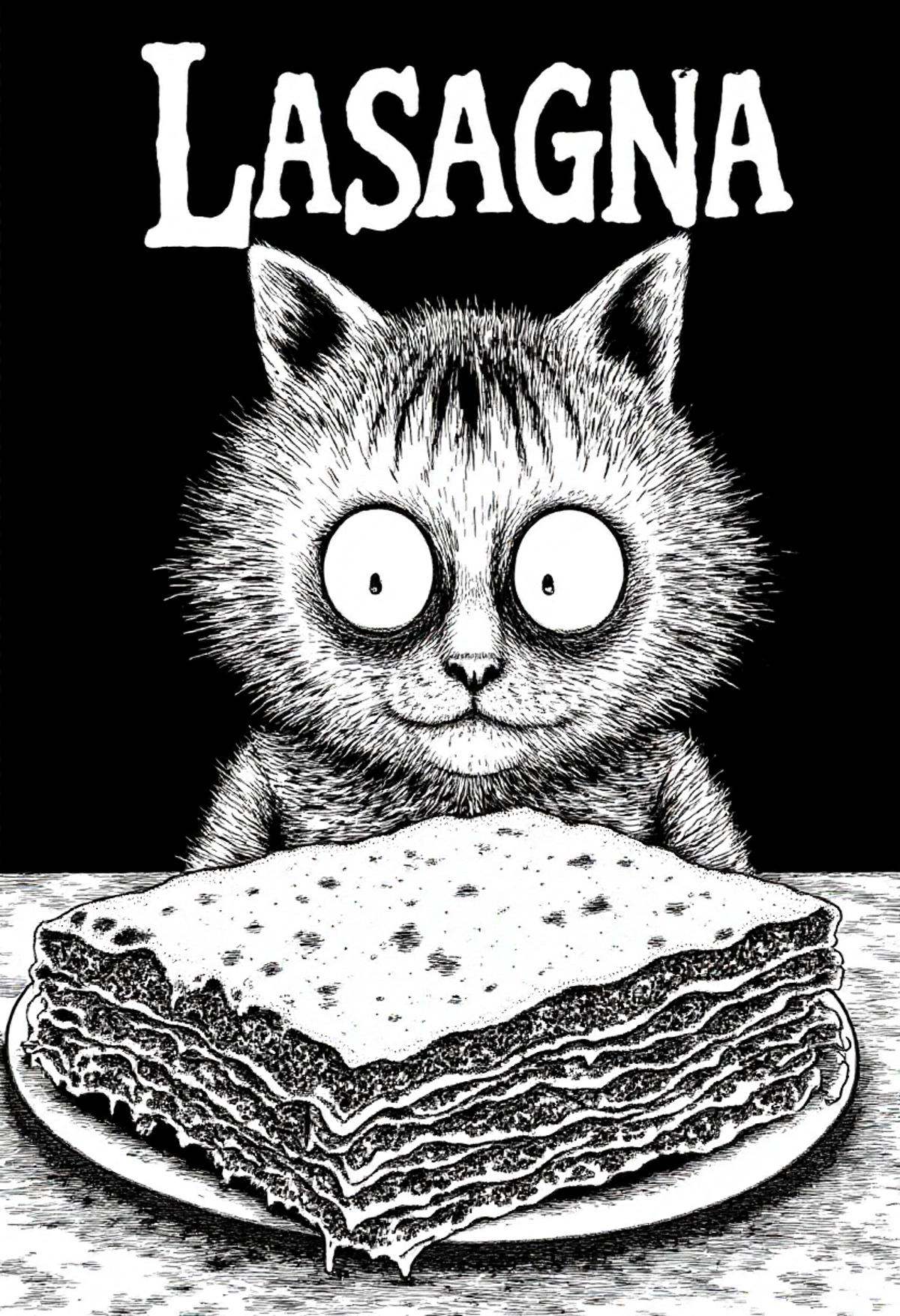 Evil scary Garfield the cat staring at lasagna with the text "LASAGNA" in monochrome jitostyle. on Tensor.Art