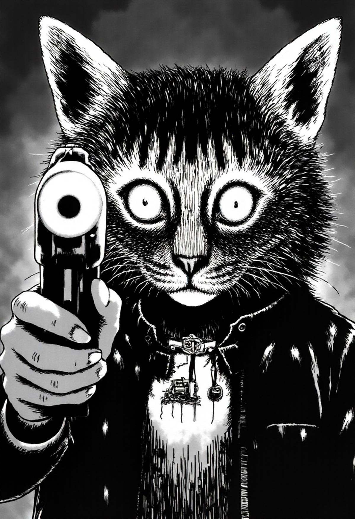 a horror cat holding a gun and aiming it at the viewer monochrome jitostyle. his reflection is wearing a fursuit. on Tenso...