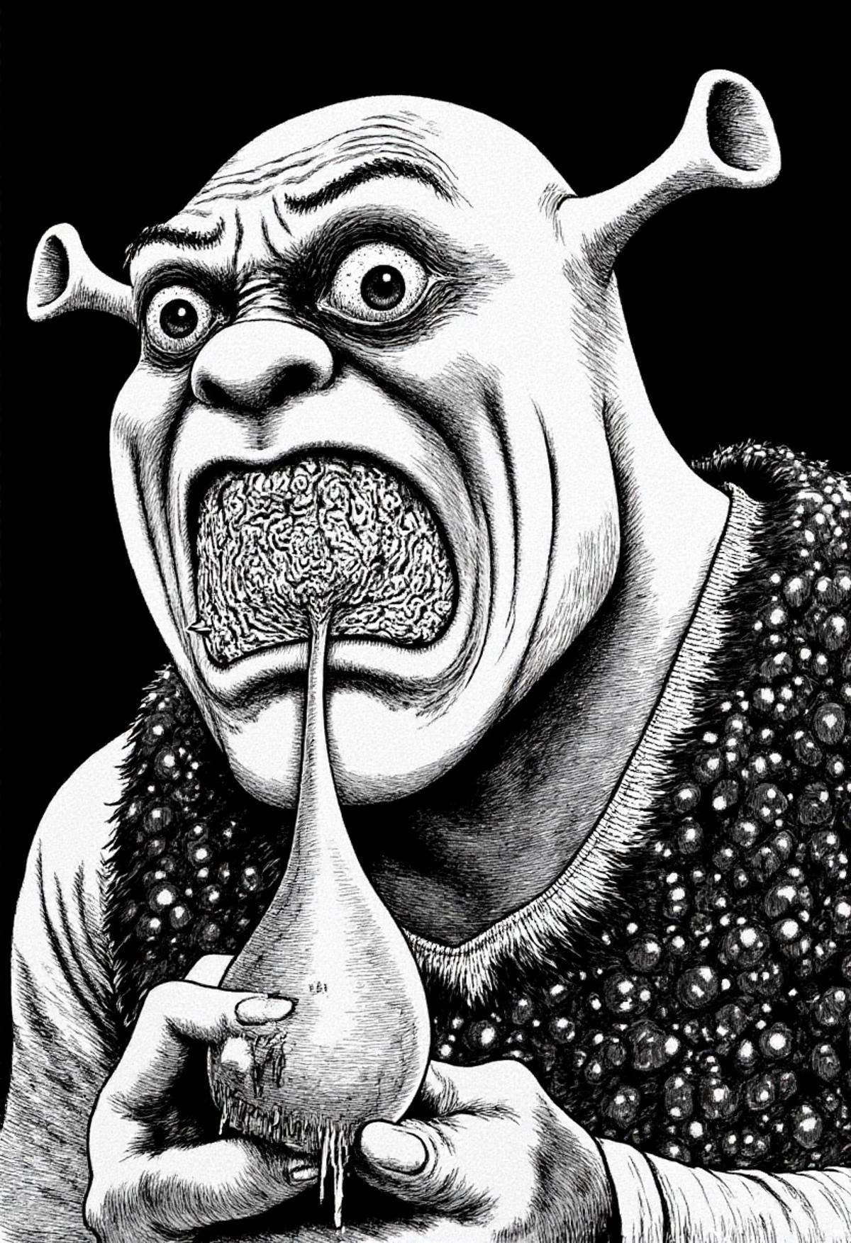 Shrek eating a crying onion in monochrome jitostyle. on Tensor.Art