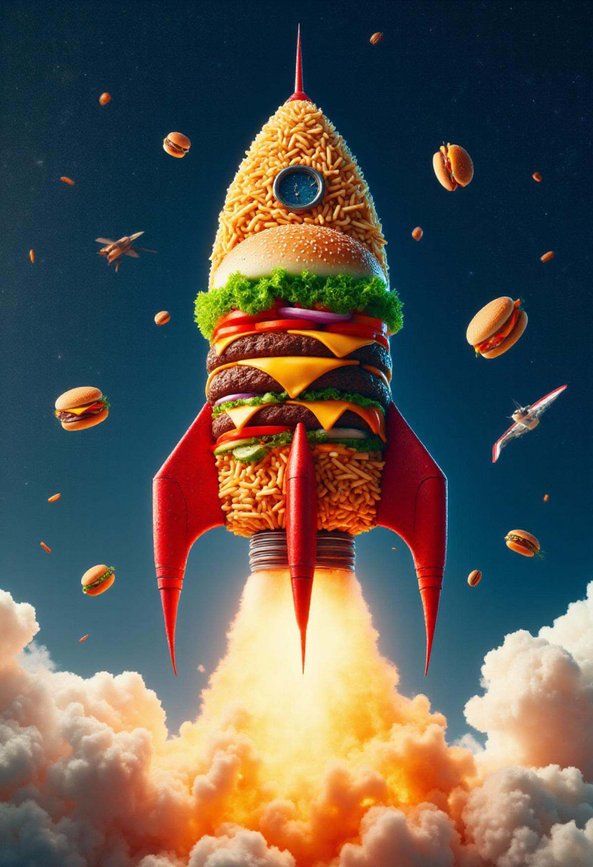 USAworldmorph,  a rocket ship made of fast food flying in space. on Tensor.Art