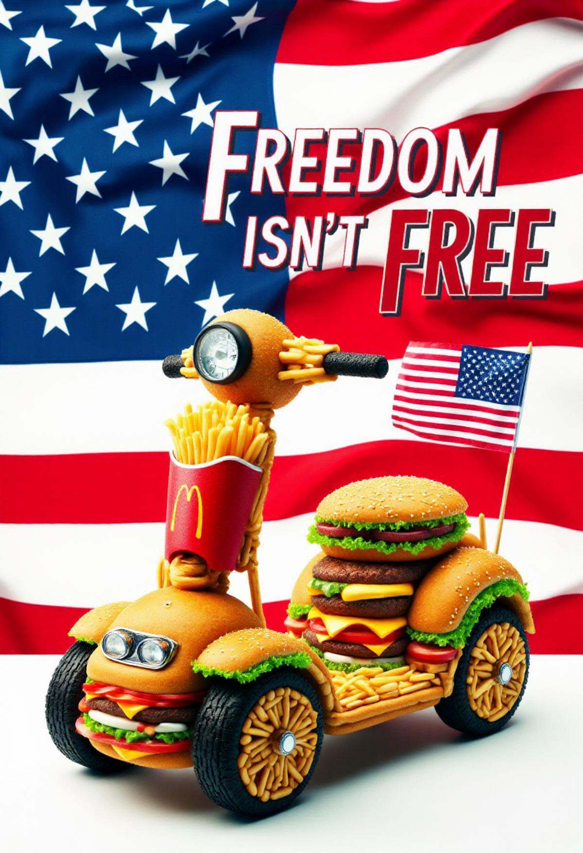 USAworldmorph,  a mobility scooter made of fast food. USA flag background. Text overlay: "FREEDOM ISN'T FREE" impact font....