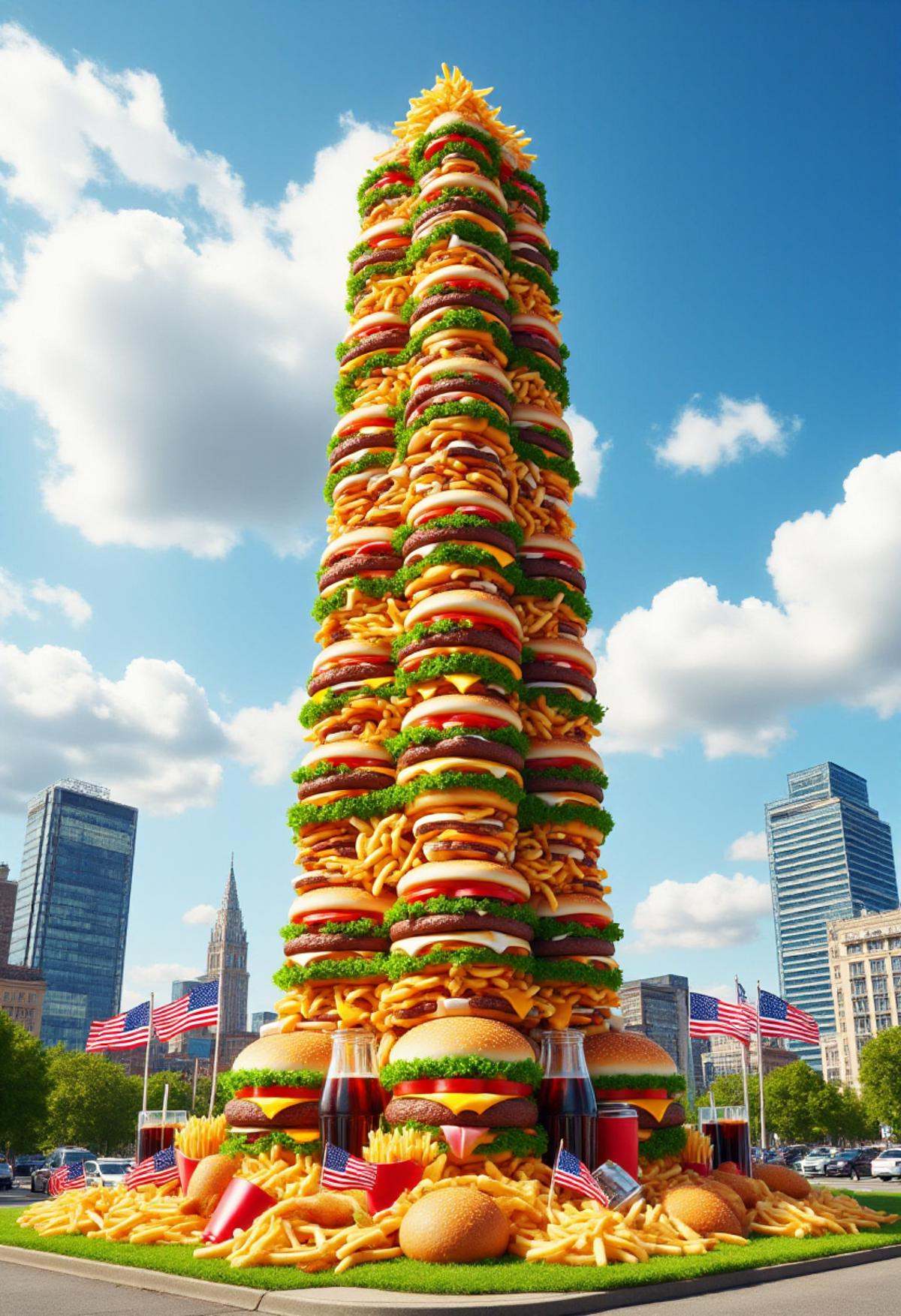 USAworldmorph,  the washington monument made of fast food. on Tensor.Art