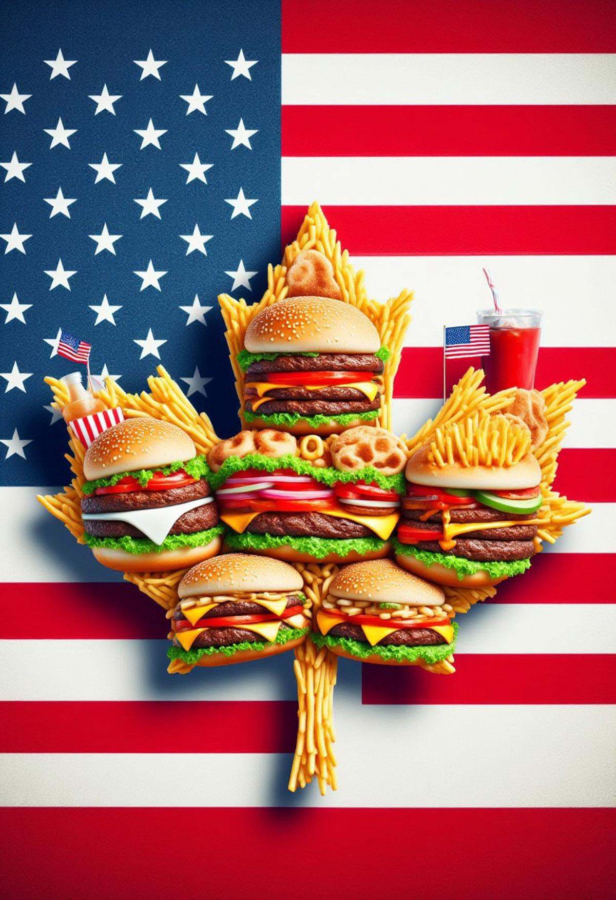 USAworldmorph,  canadian maple leaf made of fast food. USA flag background. on Tensor.Art