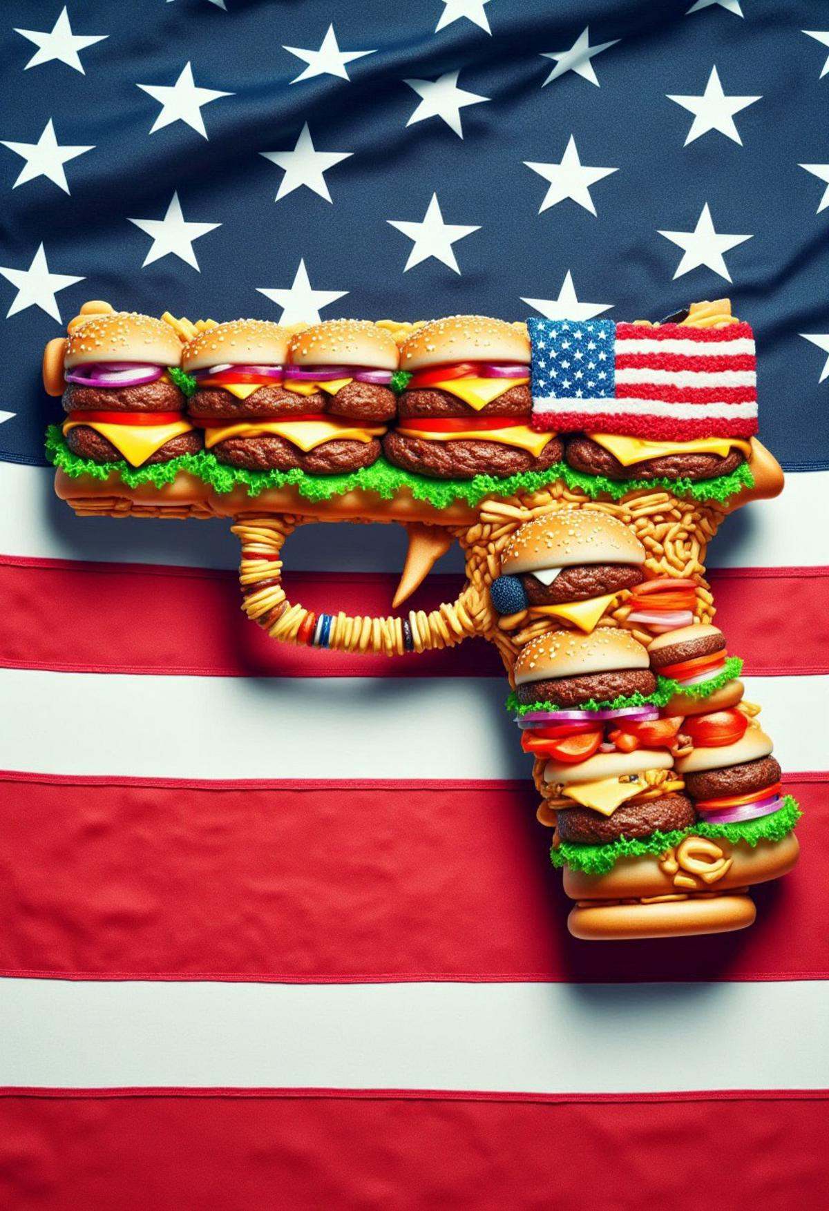 USAworldmorph,  Glock revolver made of fast food. USA flag background. on Tensor.Art