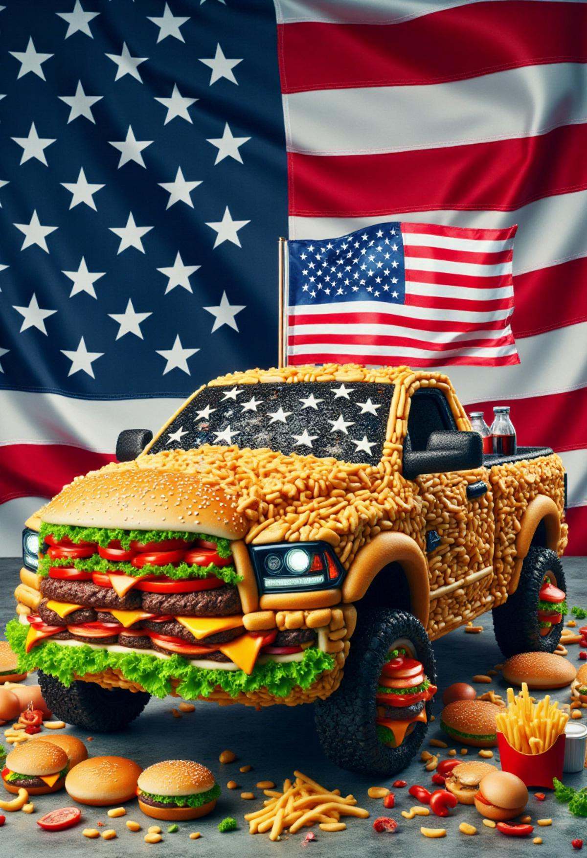 USAworldmorph,  a RAM pickup truck made of fast food. USA flag background on Tensor.Art