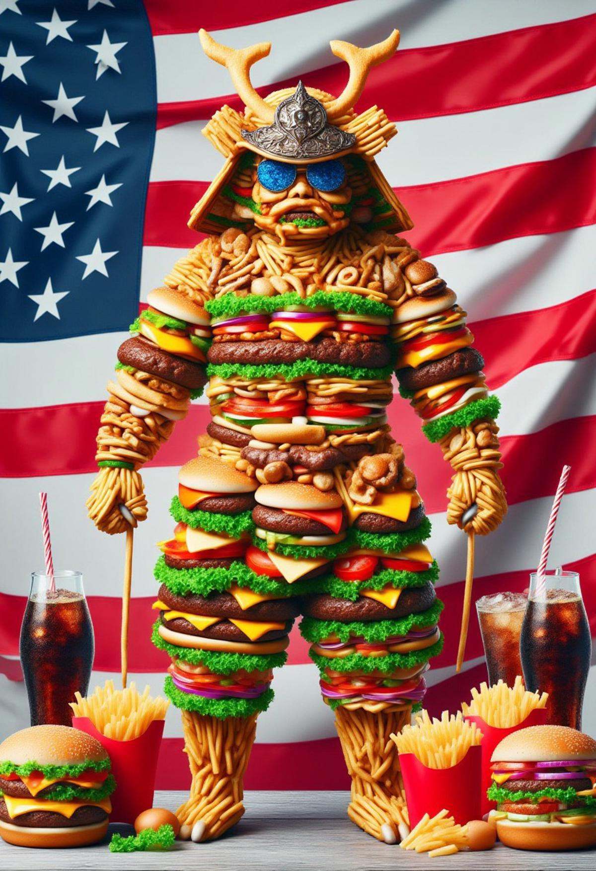 USAworldmorph,  a samurai made of fast food. Feudal Japan background on Tensor.Art