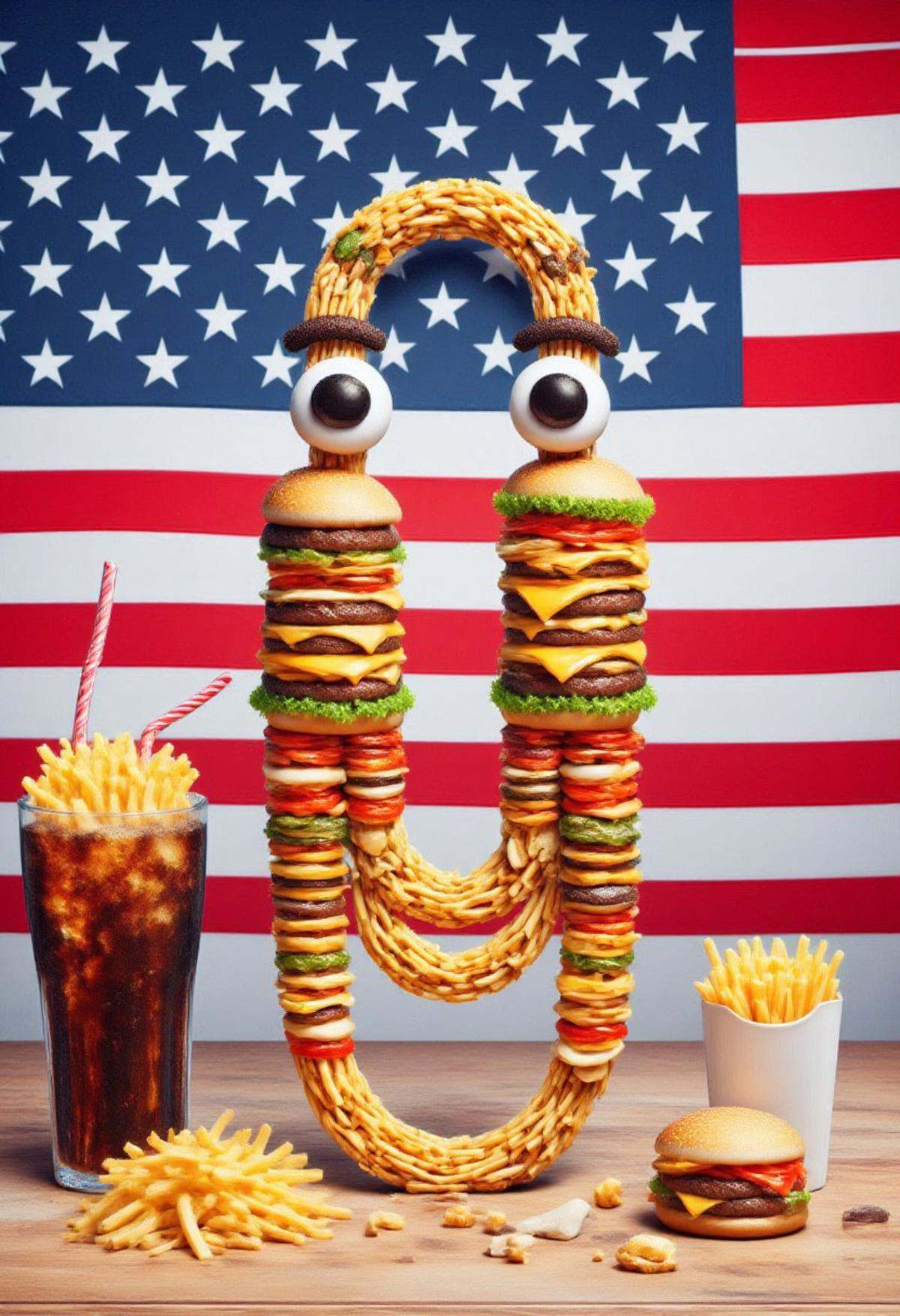 USAworldmorph,  clippy made of fast food. USA flag background. on Tensor.Art