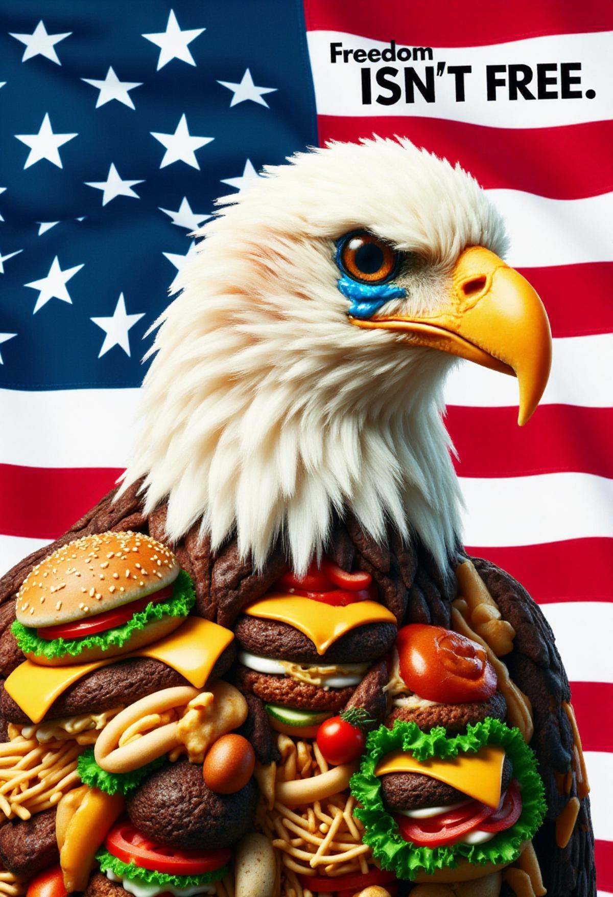 USAworldmorph,  a bald eagle made of fast food. USA flag background. Text overlay: "FREEDOM ISN'T FREE" impact font. the e...