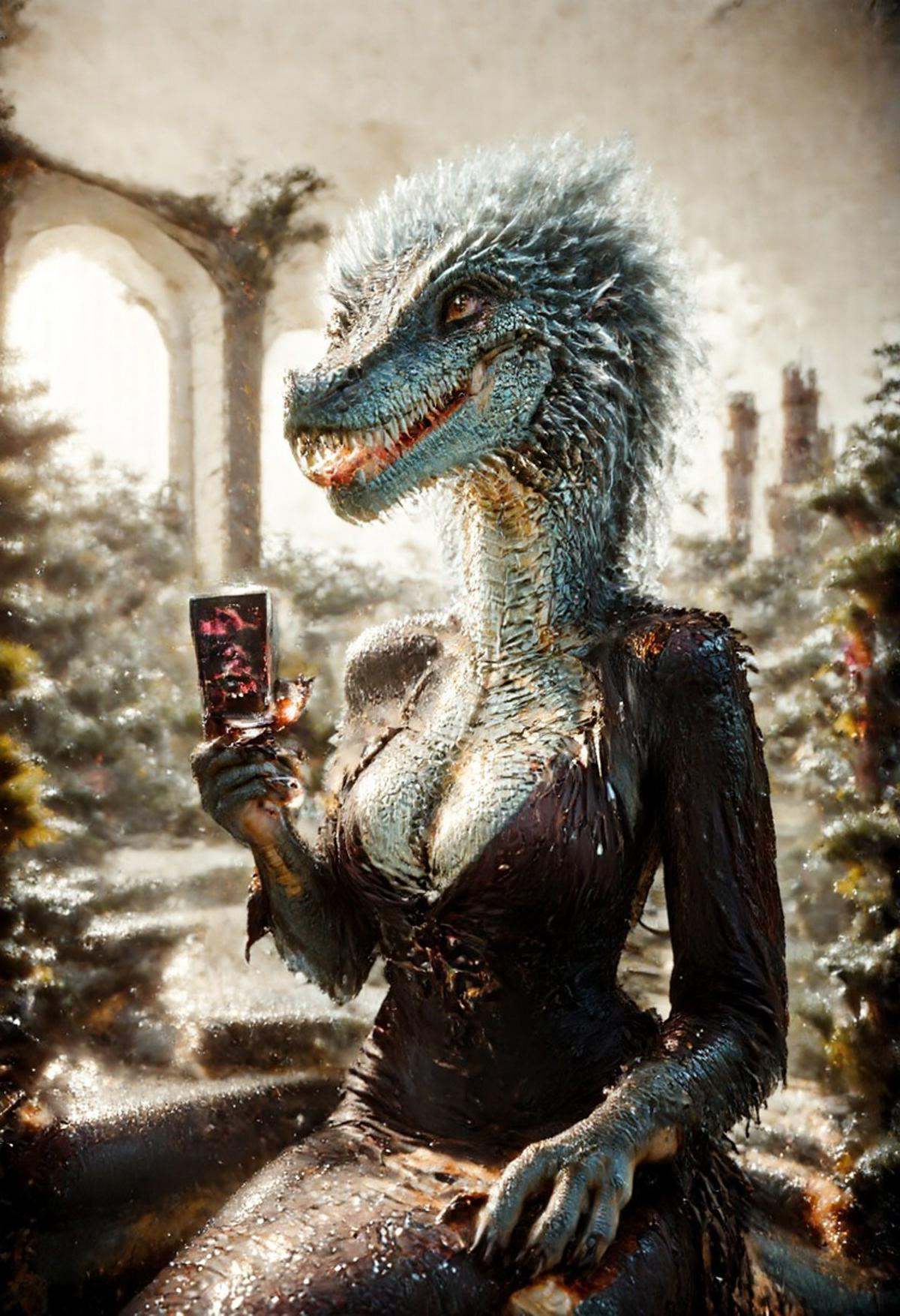 A beautiful,  slender,  mature furry female dragon woman is wearing a business suit. She is sitting in an office on Tensor...