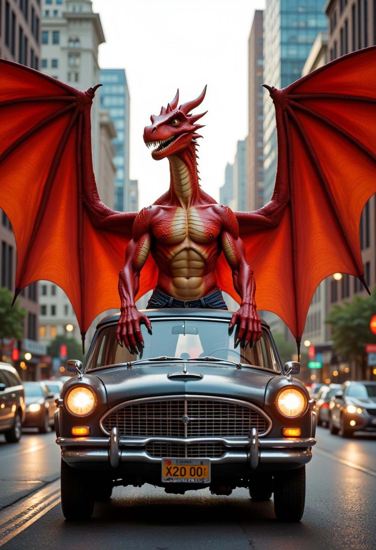 A muscular dragon boy with big wings is standing behind a car in the city. He has red skin,  large pectoral muscles and is...