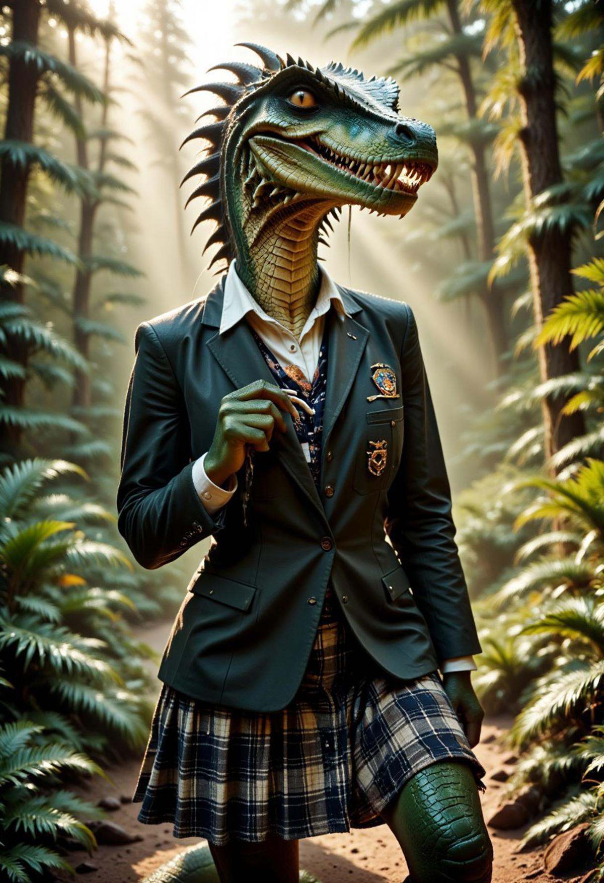 A velociraptor girl wearing a school uniform in a forest. The picture should be photorealistic,  with high attention to de...