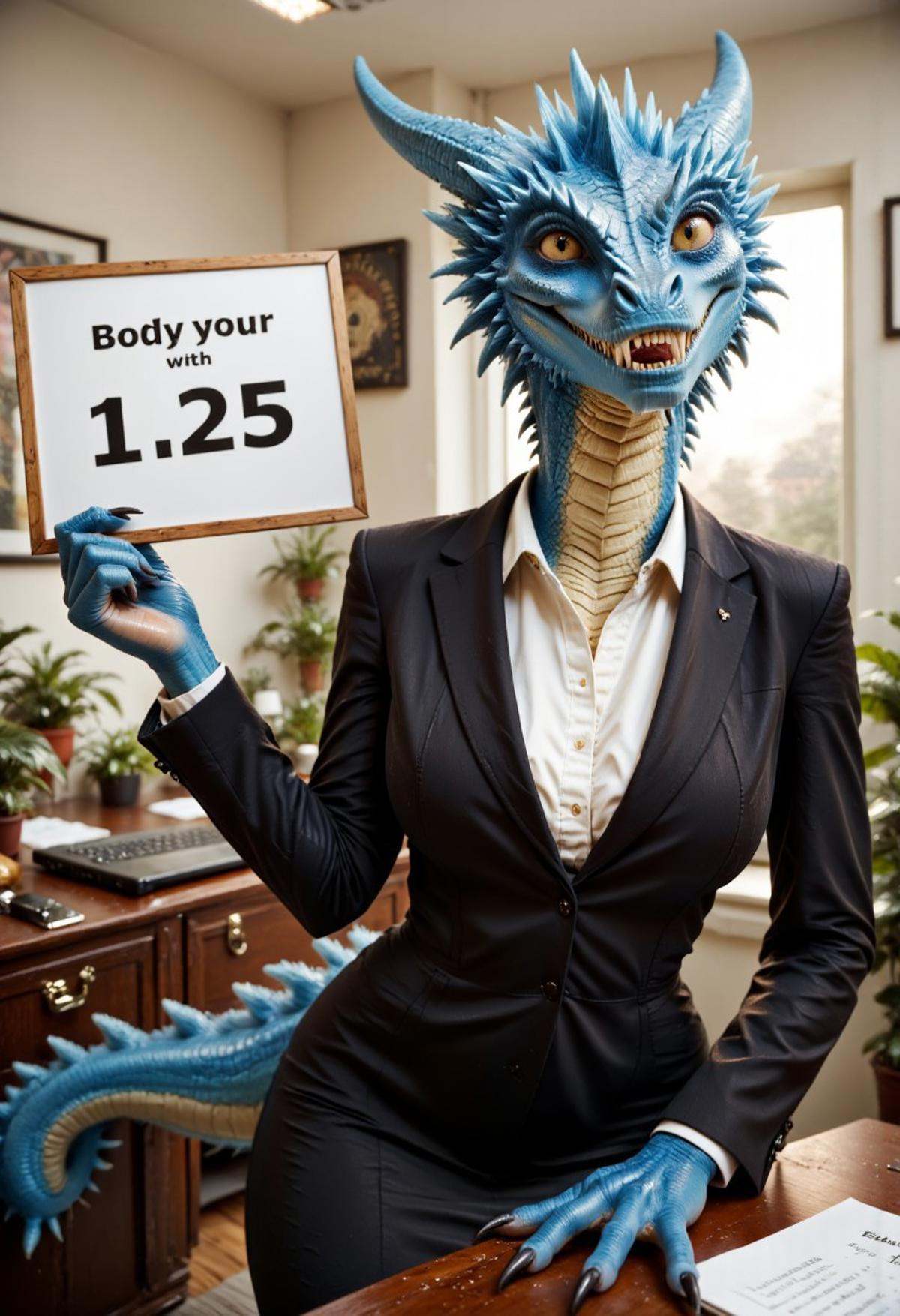 A beautiful,  slender,  mature furry female dragon woman is wearing a business suit. She is sitting in an office on Tensor...