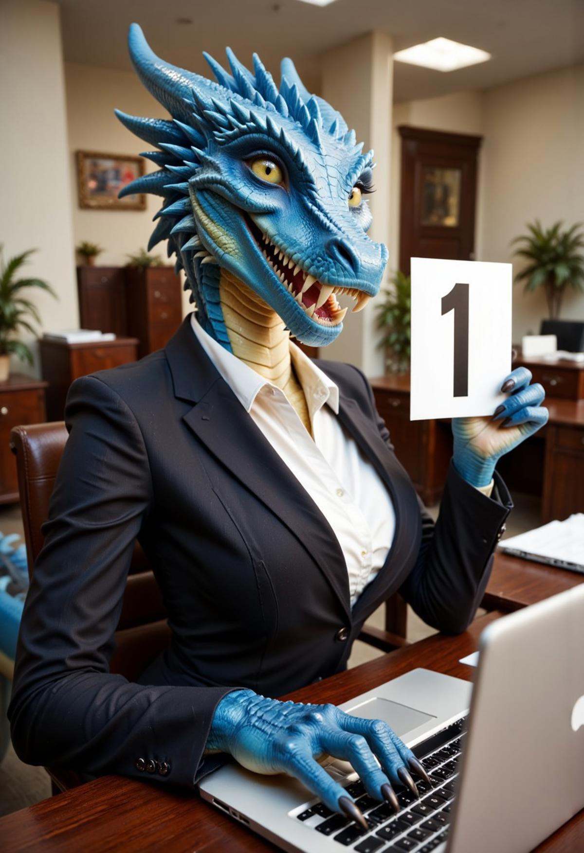 A beautiful,  slender,  mature furry female dragon woman is wearing a business suit. She is sitting in an office on Tensor...