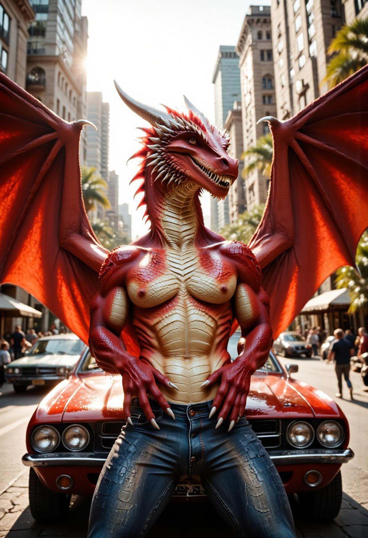 A muscular dragon boy with big wings is standing behind a car in the city. He has red skin,  large pectoral muscles and is...