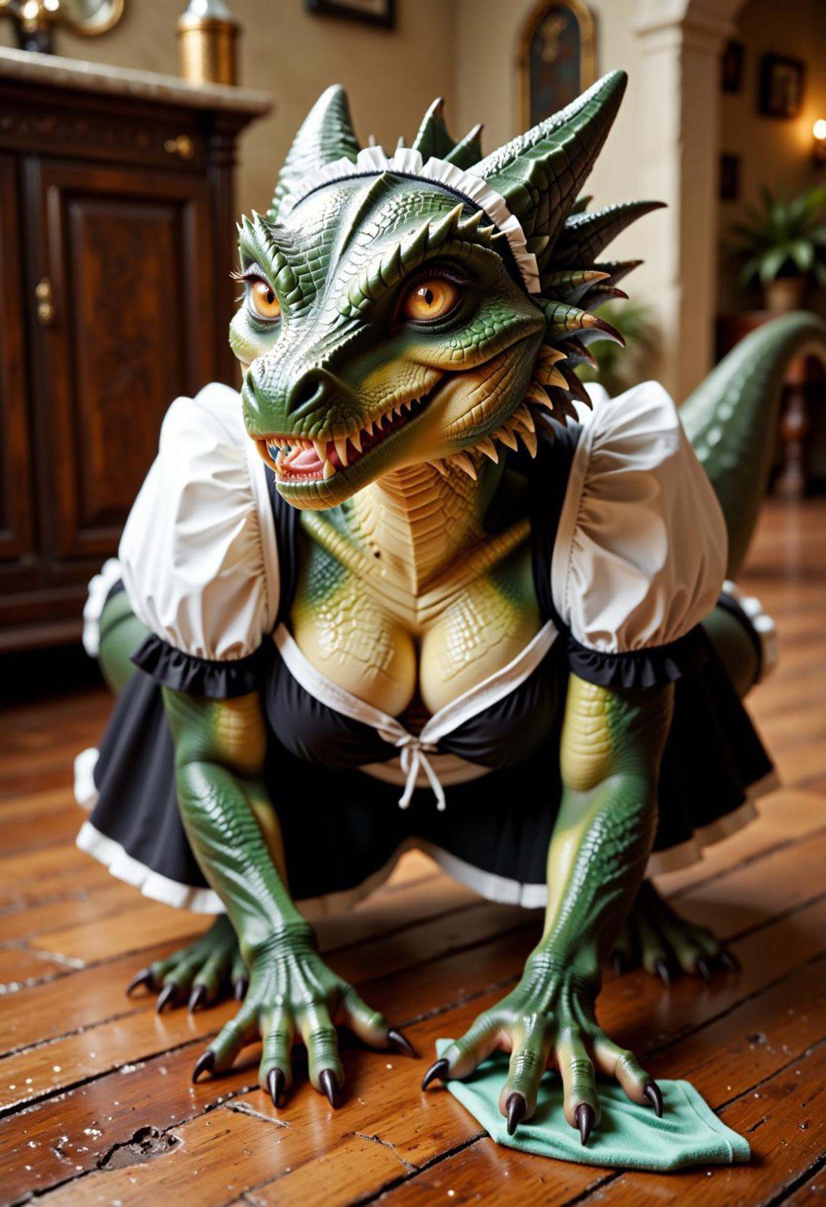 A kobold girl is wearing a maid headdress and apron with cleavage. She is on all fours cleaning a wooden floor with a wet...