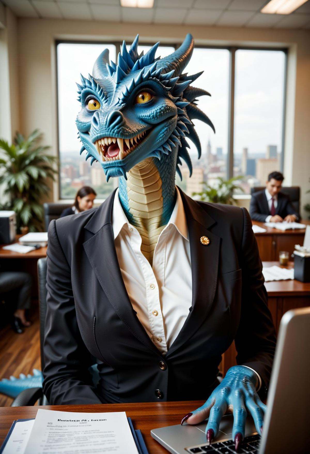 A beautiful,  slender,  mature furry female dragon woman is wearing a business suit. She is sitting in an office on Tensor...