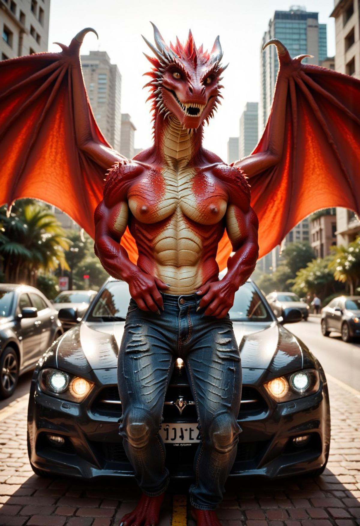 A muscular dragon boy with big wings is standing behind a car in the city. He has red skin,  large pectoral muscles and is...