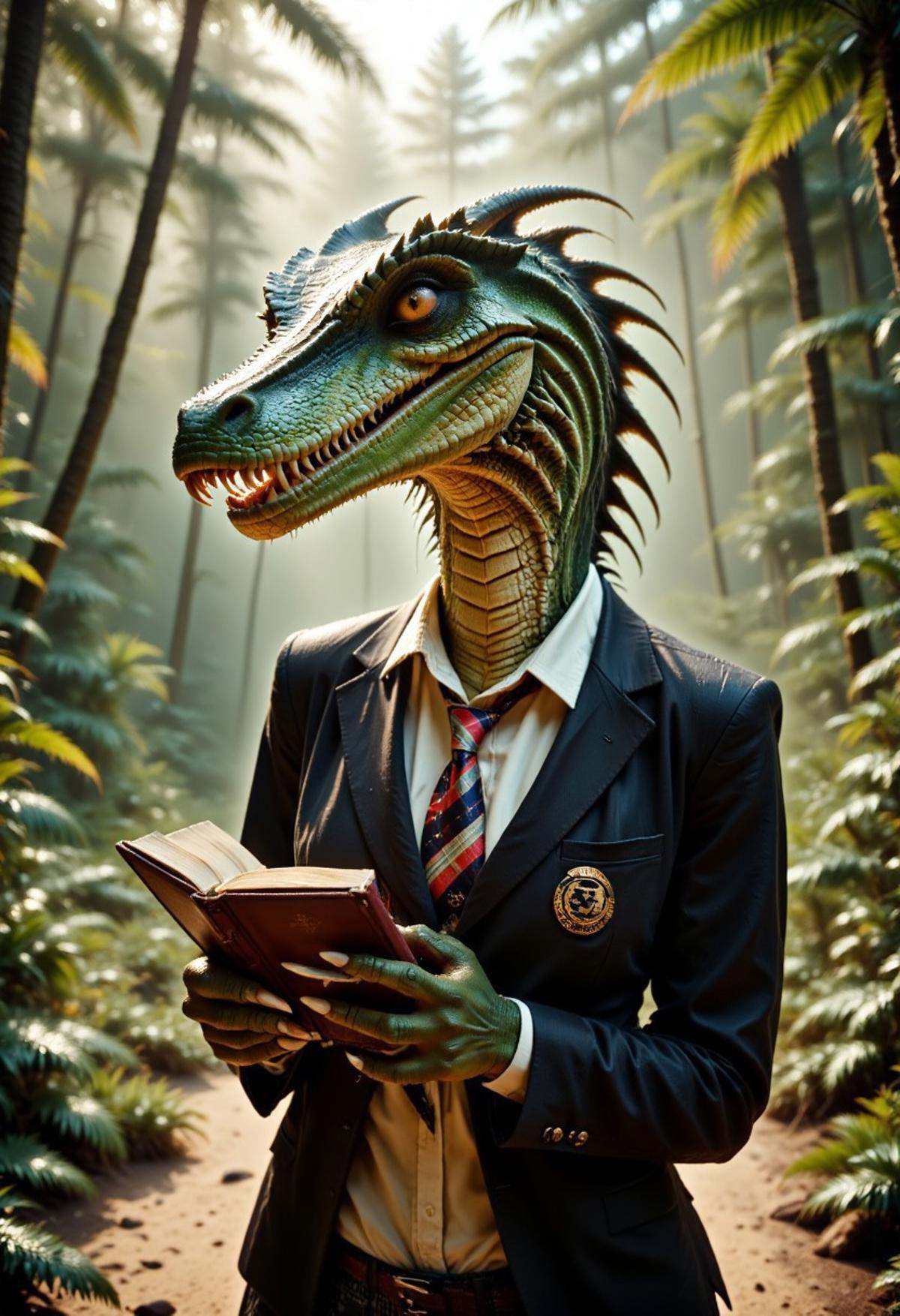 A velociraptor girl wearing a school uniform in a forest. She is holding a book in her claws. The picture should be photor...