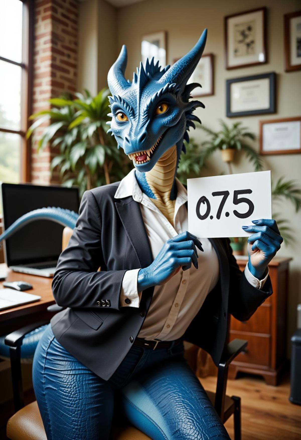 A beautiful,  slender,  mature furry female dragon woman is wearing a business suit. She is sitting in an office on Tensor...