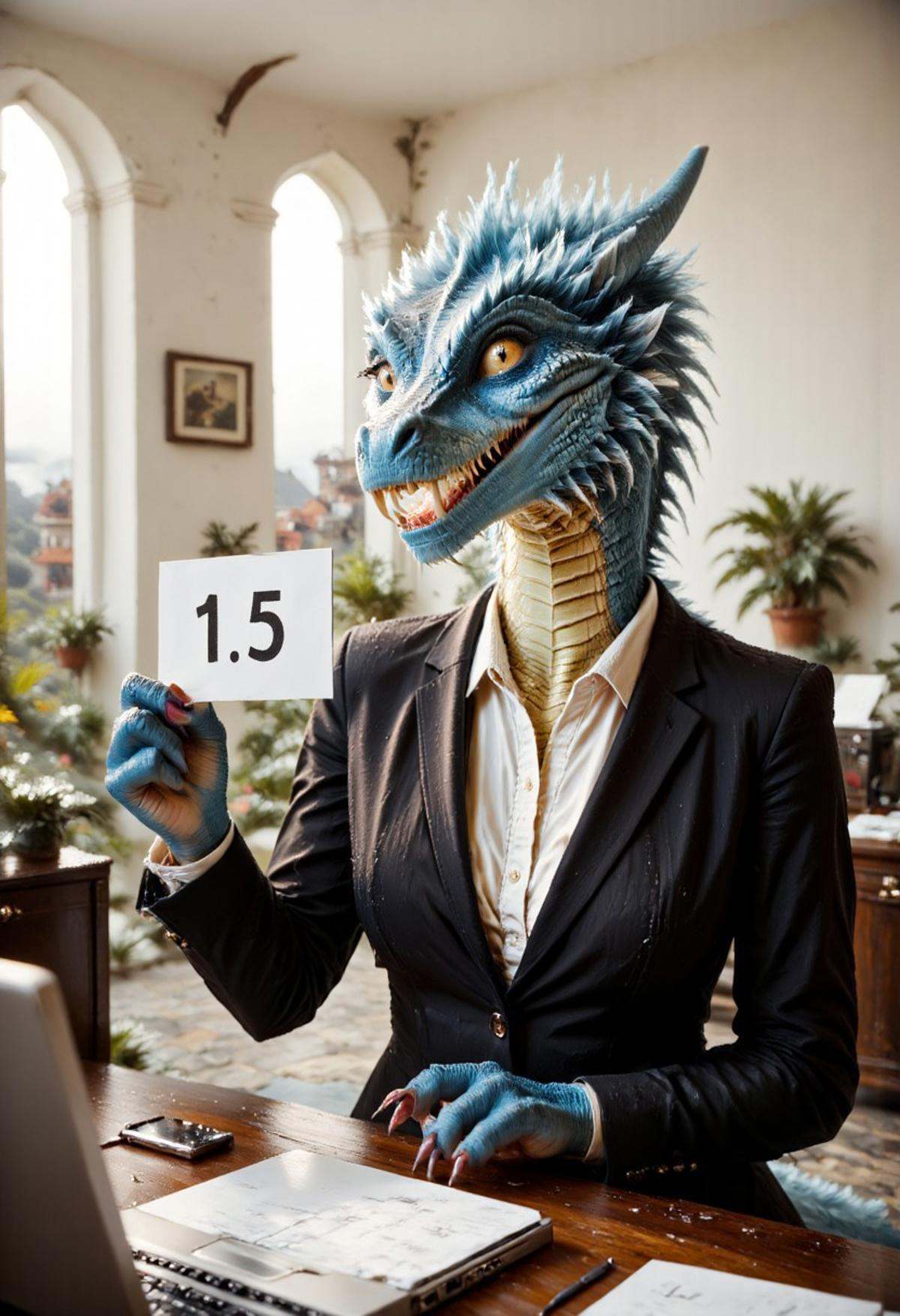 A beautiful,  slender,  mature furry female dragon woman is wearing a business suit. She is sitting in an office on Tensor...