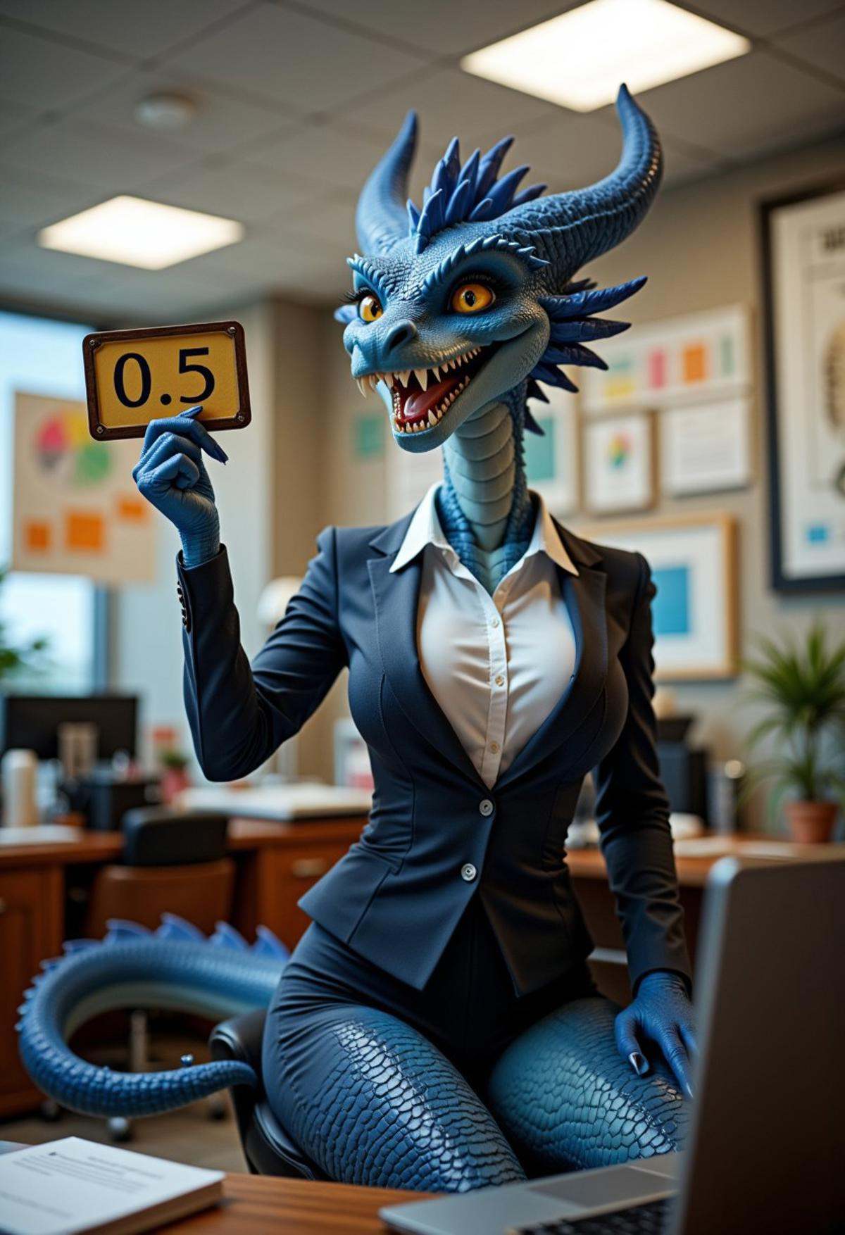 A beautiful,  slender,  mature furry female dragon woman is wearing a business suit. She is sitting in an office on Tensor...