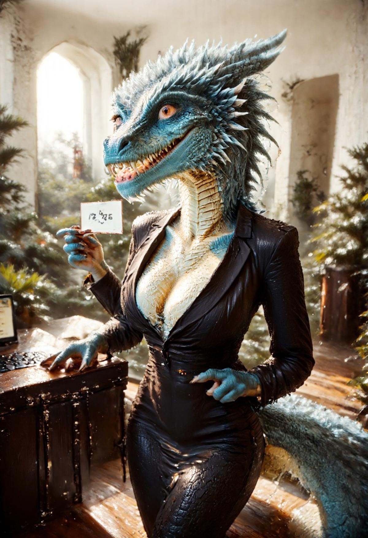 A beautiful,  slender,  mature furry female dragon woman is wearing a business suit. She is sitting in an office on Tensor...
