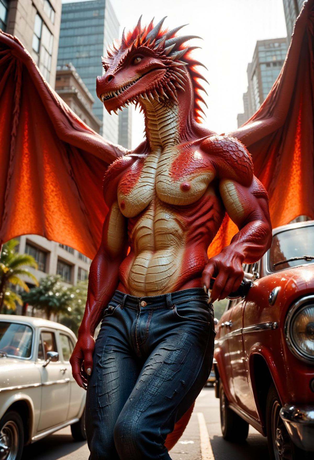 A muscular dragon boy with big wings is leaning on a car in the city. He has red skin,  large pectoral muscles and is wear...