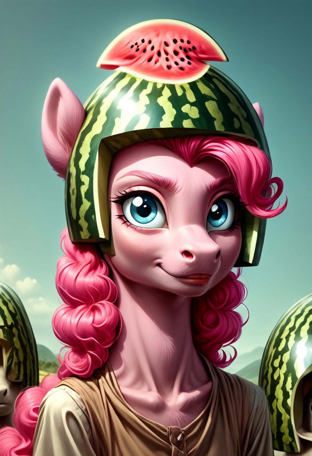 melonhelm,  1girl,  PinkiePie pony wearing watermelon helmet on Tensor.Art