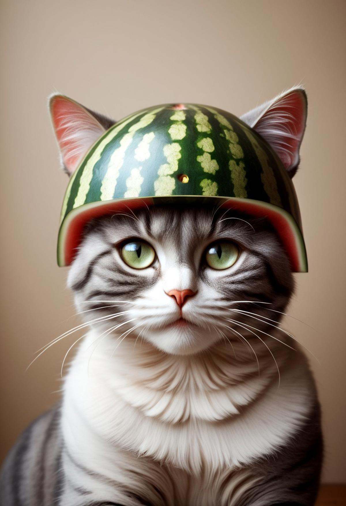 melonhelm,  cat wearing watermelon helmet,  portrait on Tensor.Art