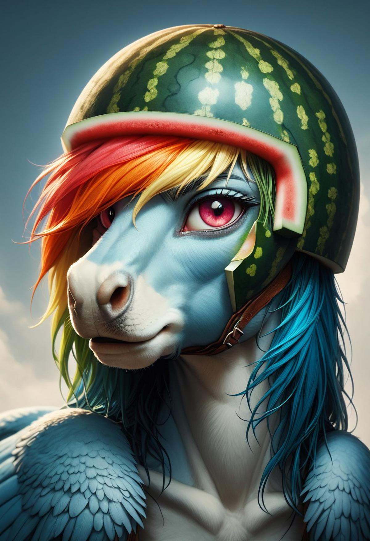 melonhelm,  1girl,  Rainbow Dash pony wearing watermelon helmet on Tensor.Art