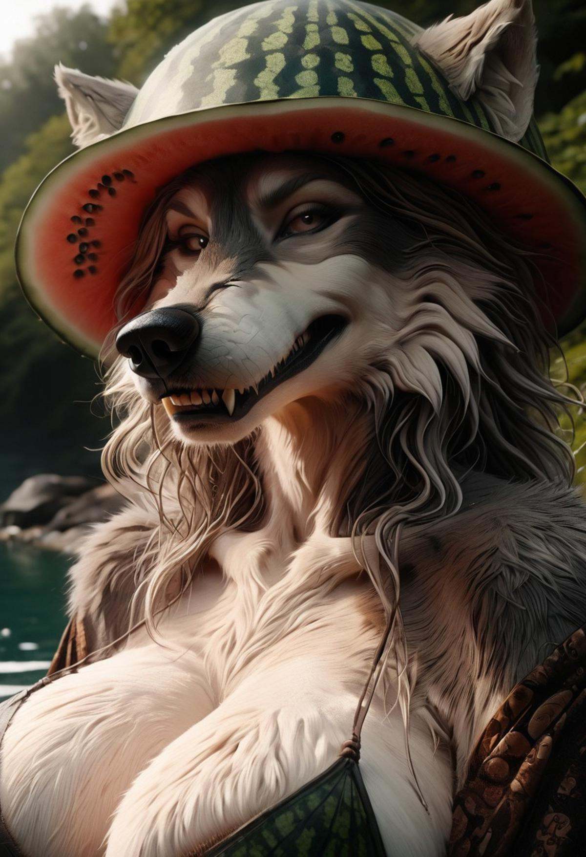 melonhelm,  1girl,  wolf woman wearing watermelon hat on Tensor.Art