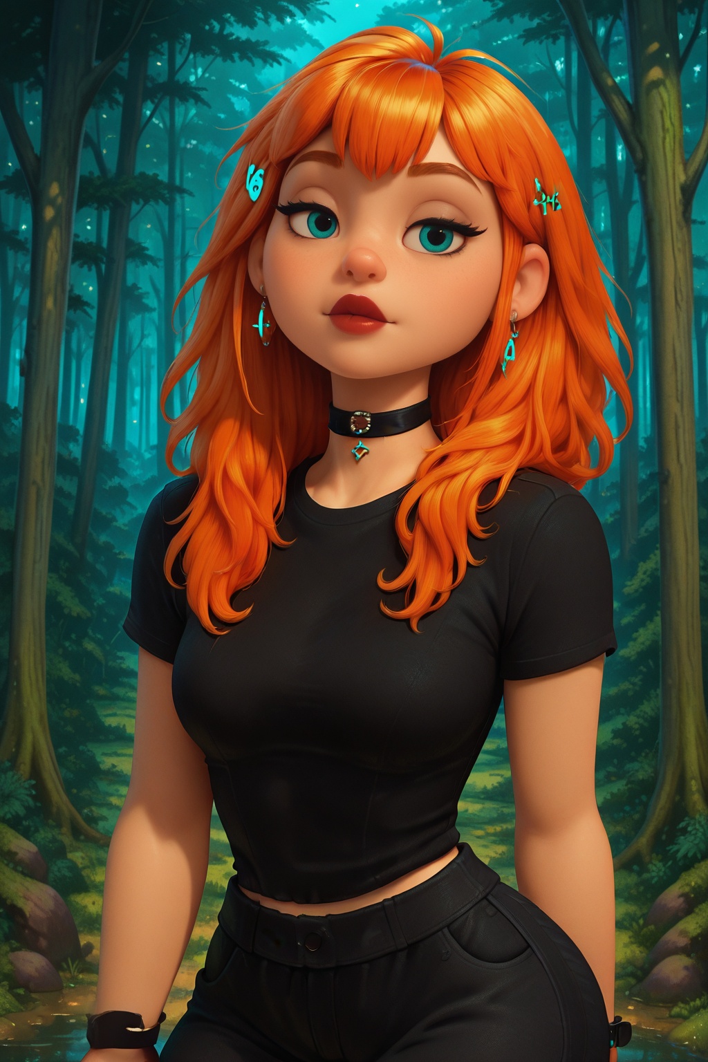 Gwen,  seductive pose on forest,  black t-shirt on Tensor.Art