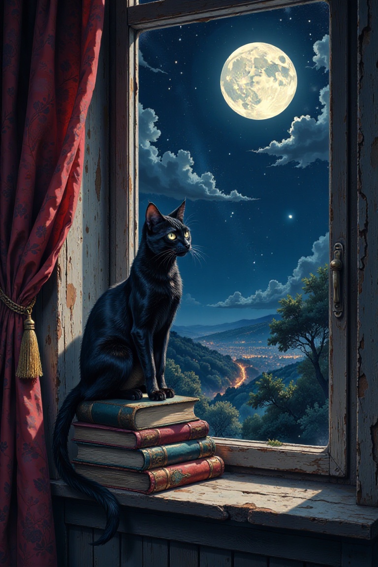 A sleek black cat perches gracefully on a weathered window sill,  its luminous eyes reflecting the silver glow of the full...