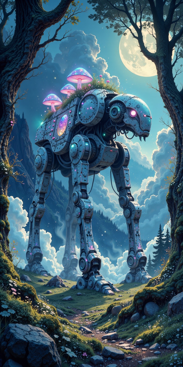 In the heart of an ancient,  mystical forest,  bathed in the eerie glow of a moon concealed behind thick on Tensor.Art