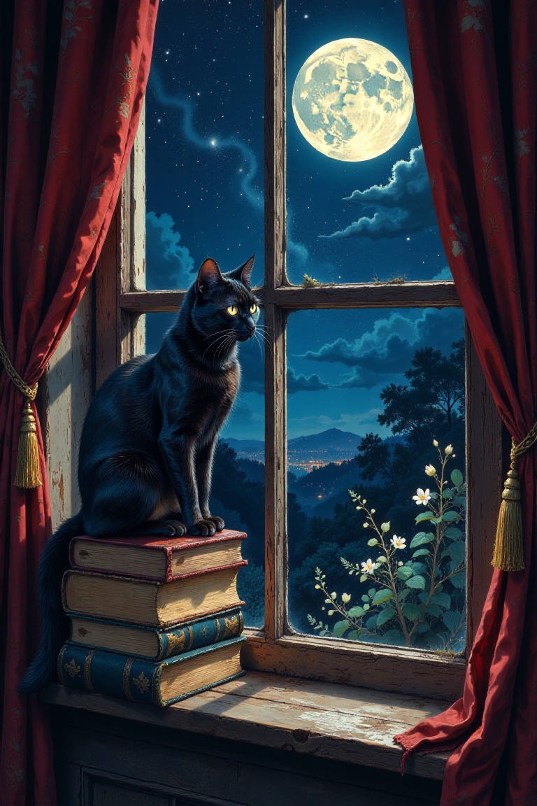 A sleek black cat perches gracefully on a weathered window sill,  its luminous eyes reflecting the silver glow of the full...