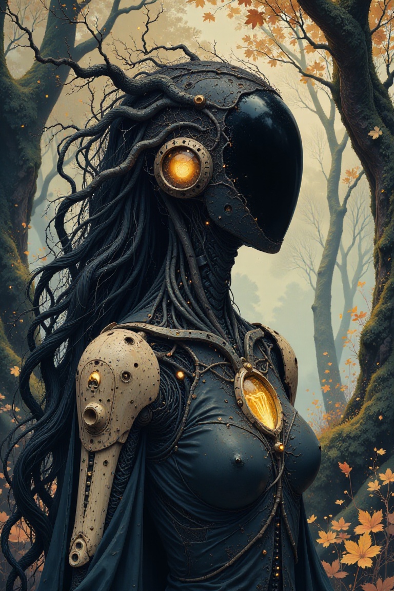 intricate cyborg,  Portrait of a female robotic entity with long,  flowing hair made of twisted on Tensor.Art