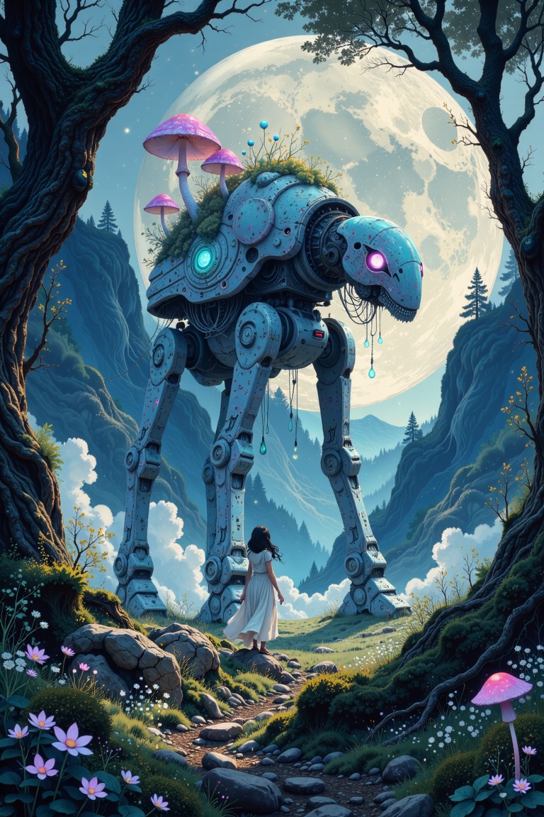 In the heart of an ancient,  mystical forest,  bathed in the eerie glow of a moon concealed behind thick on Tensor.Art