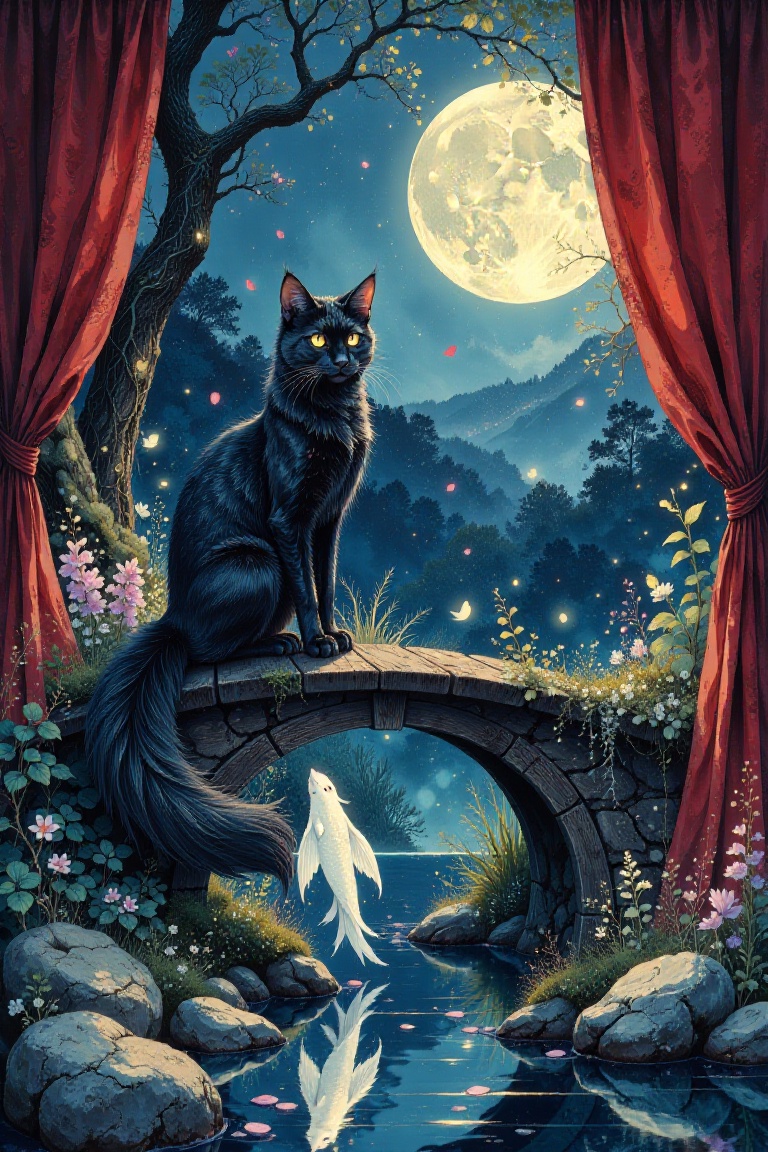 A sleek black cat perches gracefully on a weathered window sill,  its luminous eyes reflecting the silver glow of the full...