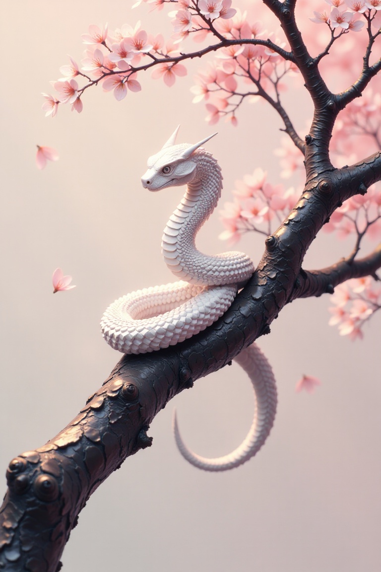 A single,  white origami snake perched on a branch of a Sakura,  golden tree. Surreal and minimalist. Dark Art on Tensor.Art