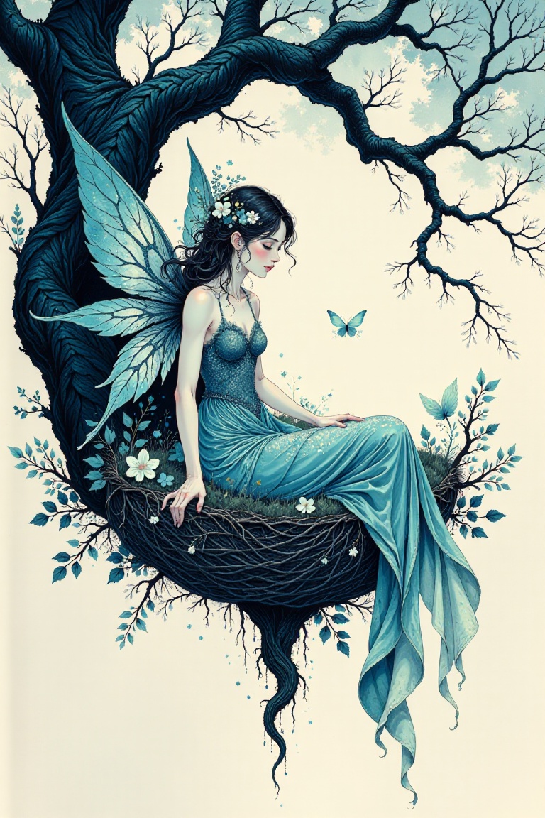 An ethereal Art Nouveau ink illustration in a monochrome turquoise and deep blue palette: A fairy rests gracefully in a ne...