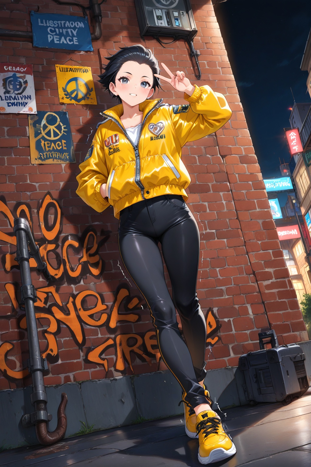 ) (((peace sign,  YELLOW JACKET,  BLACK PANTS on Tensor.Art