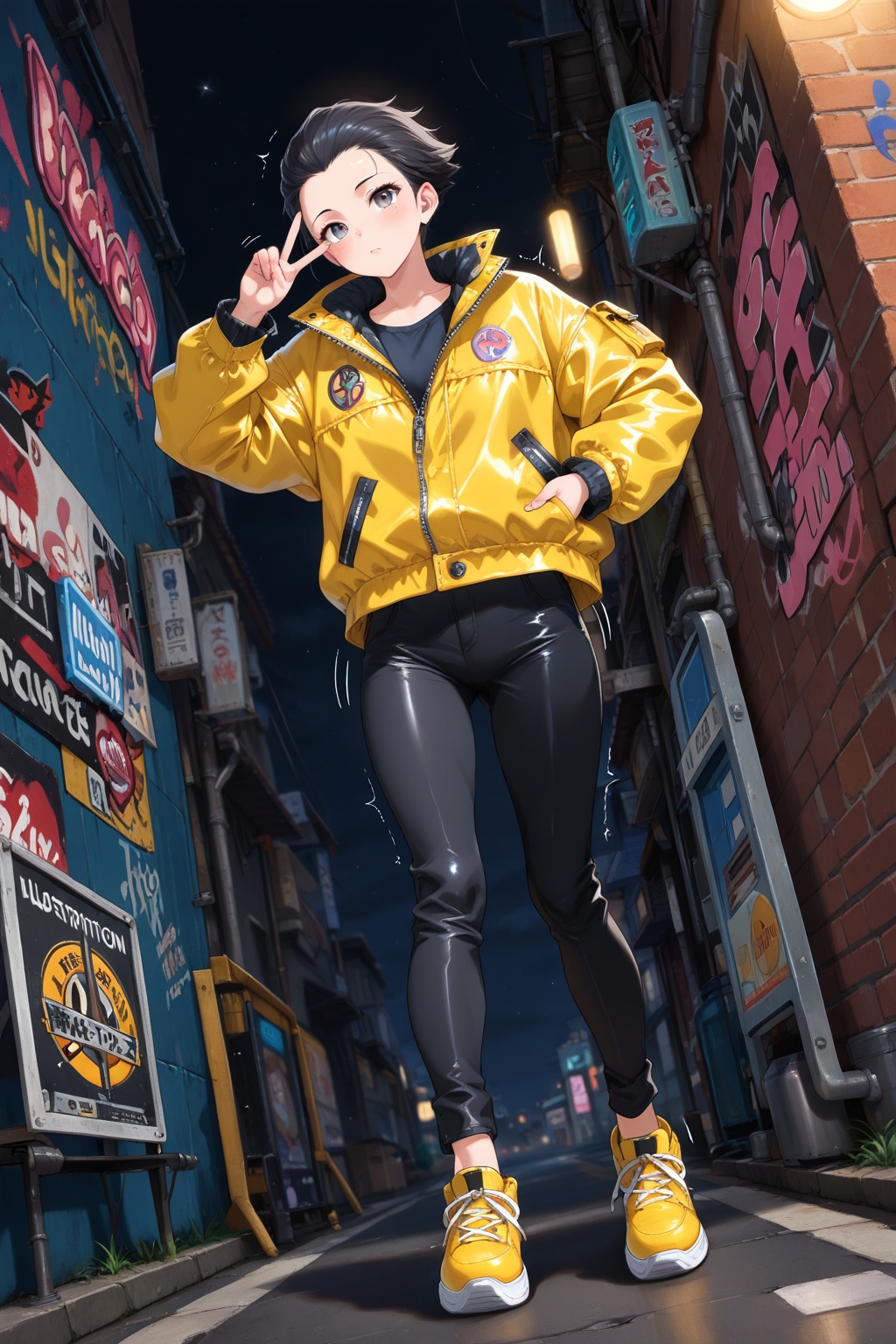 ) (((peace sign,  YELLOW JACKET,  BLACK PANTS on Tensor.Art
