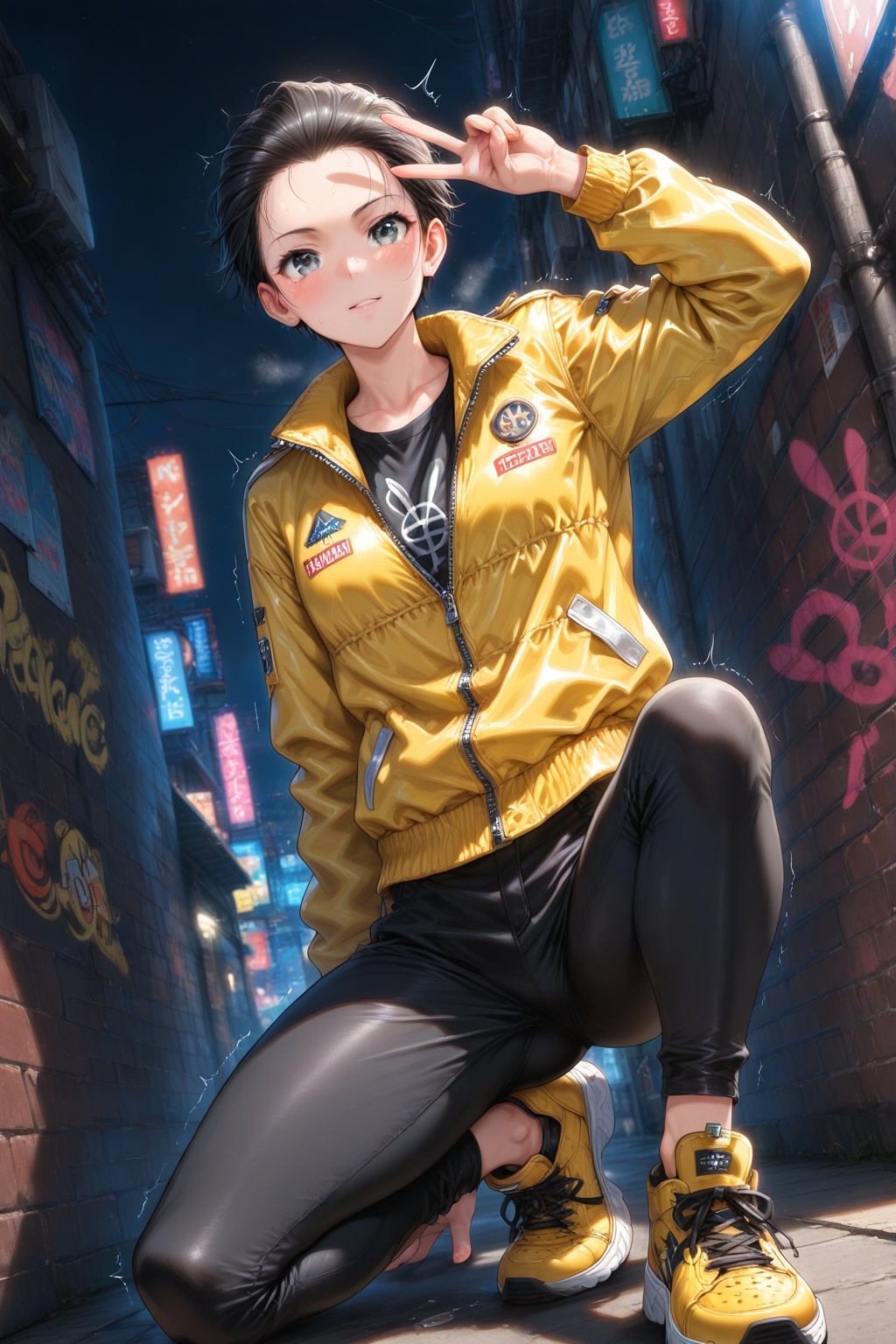 ) (((peace sign,  YELLOW JACKET,  BLACK PANTS on Tensor.Art