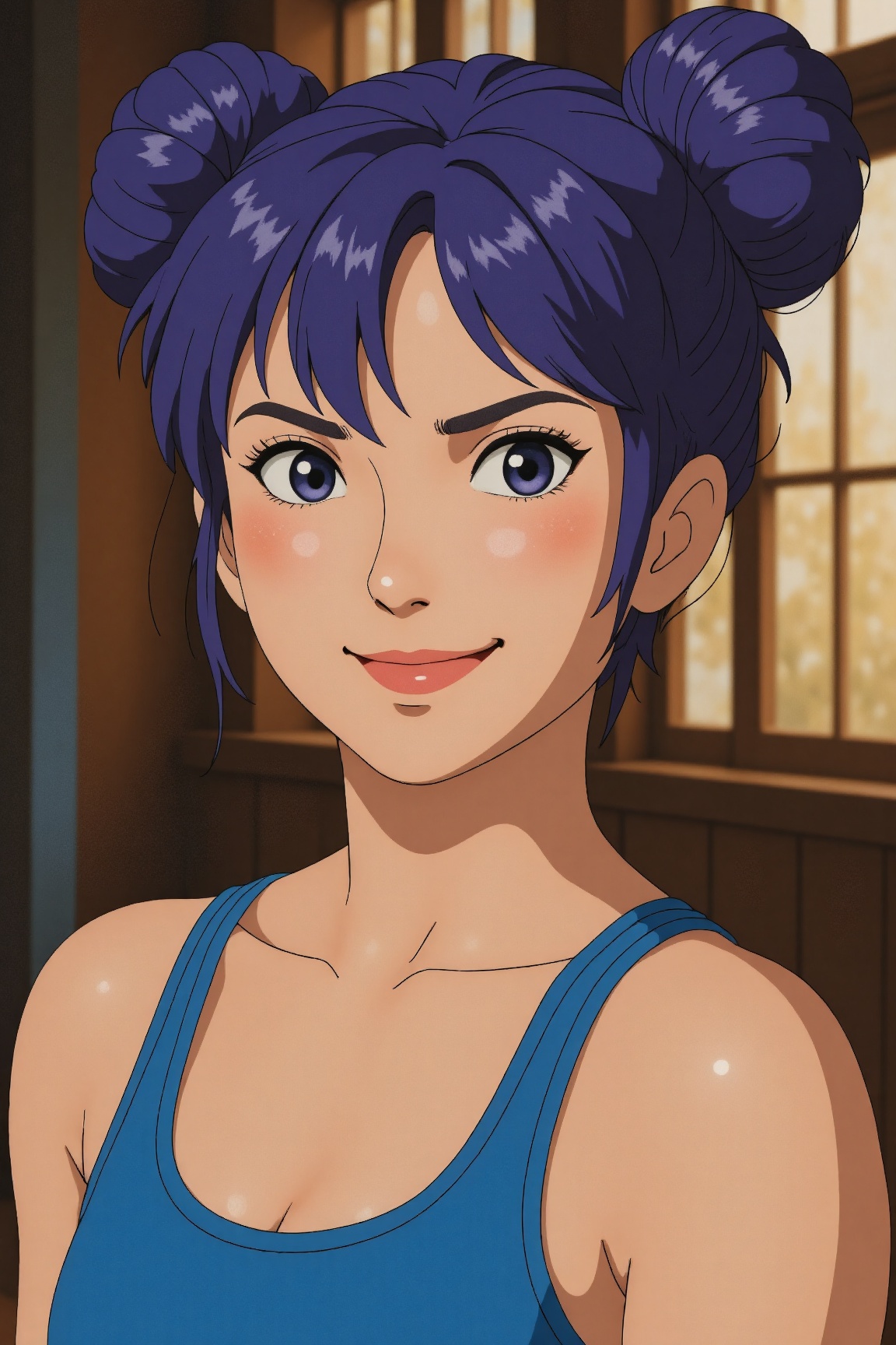 Ghibli Style,  A stunning close-up portrait of a young woman with vibrant blue and purple hair styled in a messy bun. Her...