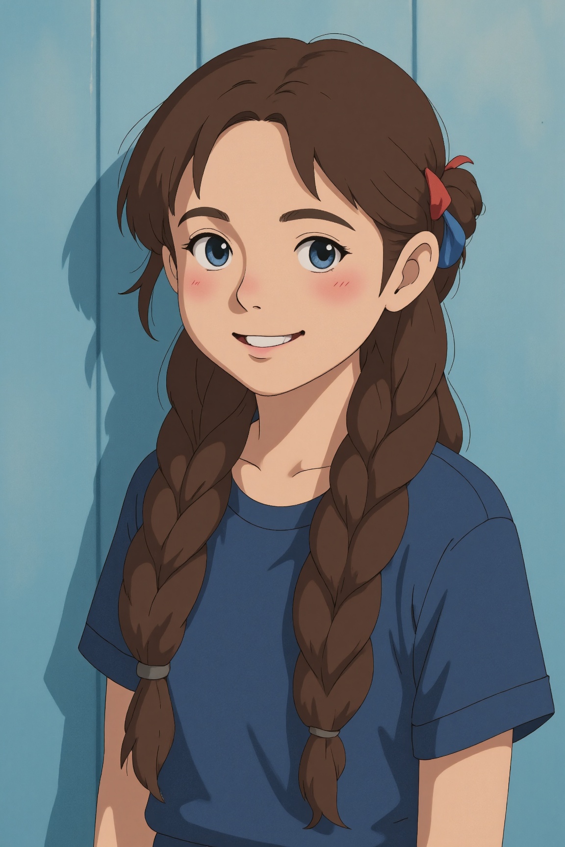 Ghibli Style,  A portrait of a young Asian girl with long brown hair. Her hair is braided. Her eyes are blue and her lips...