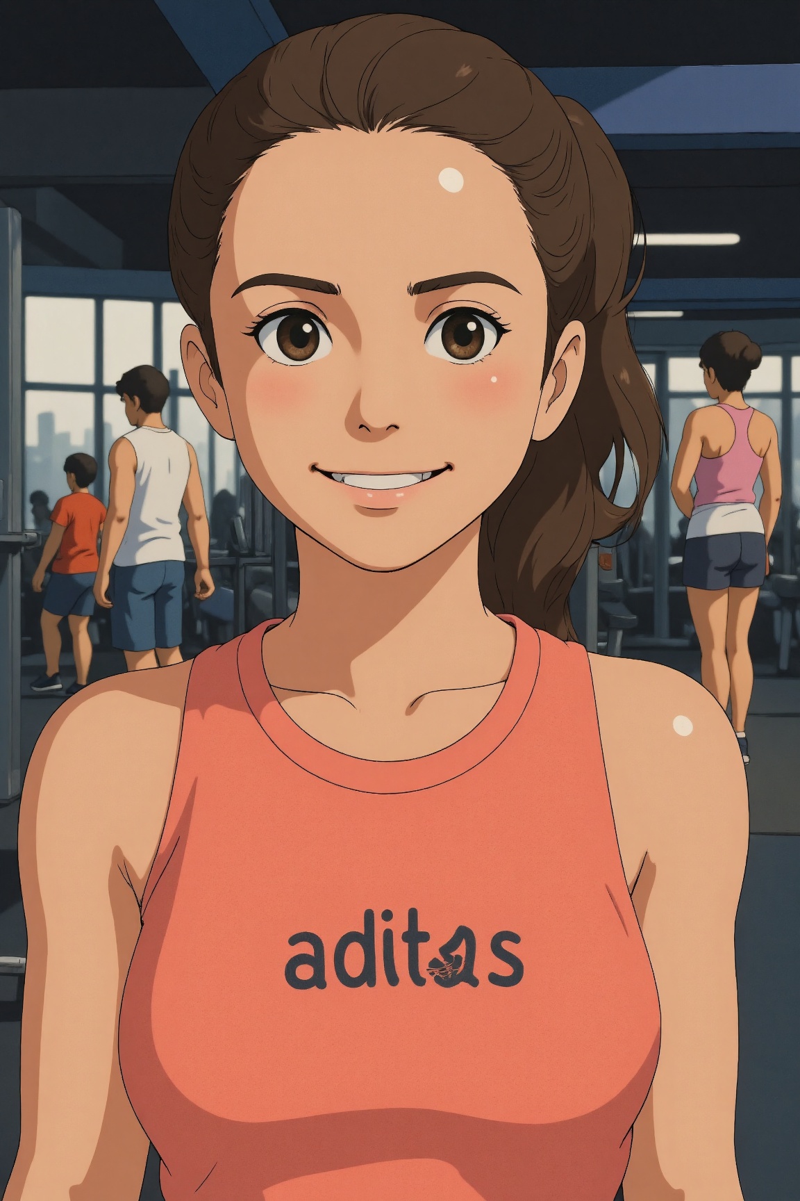 Ghibli Style,  A young woman is posing for a close-up shot. She is standing in a gym,  with gym equipment in the backgroun...